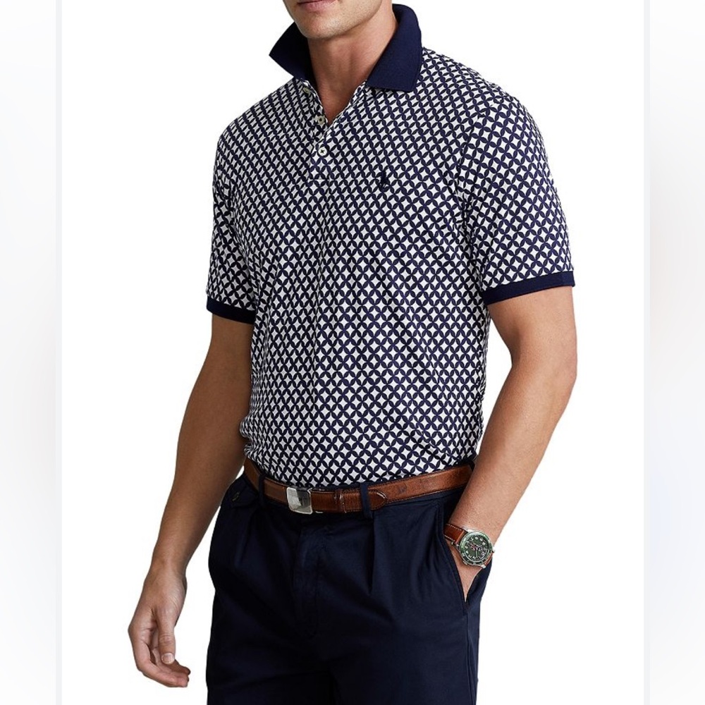 Polo Ralph Lauren White Blue Print Classic Fit Pony Logo Polo Men Size M